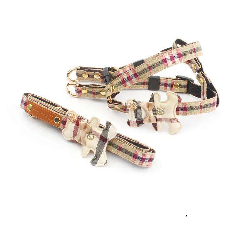 Designer Sets Classic Plaid Bow Teddy Collar Dog Walking Rope Chain For Small Medium Pet Harness Suit Leash Set S Free shipping