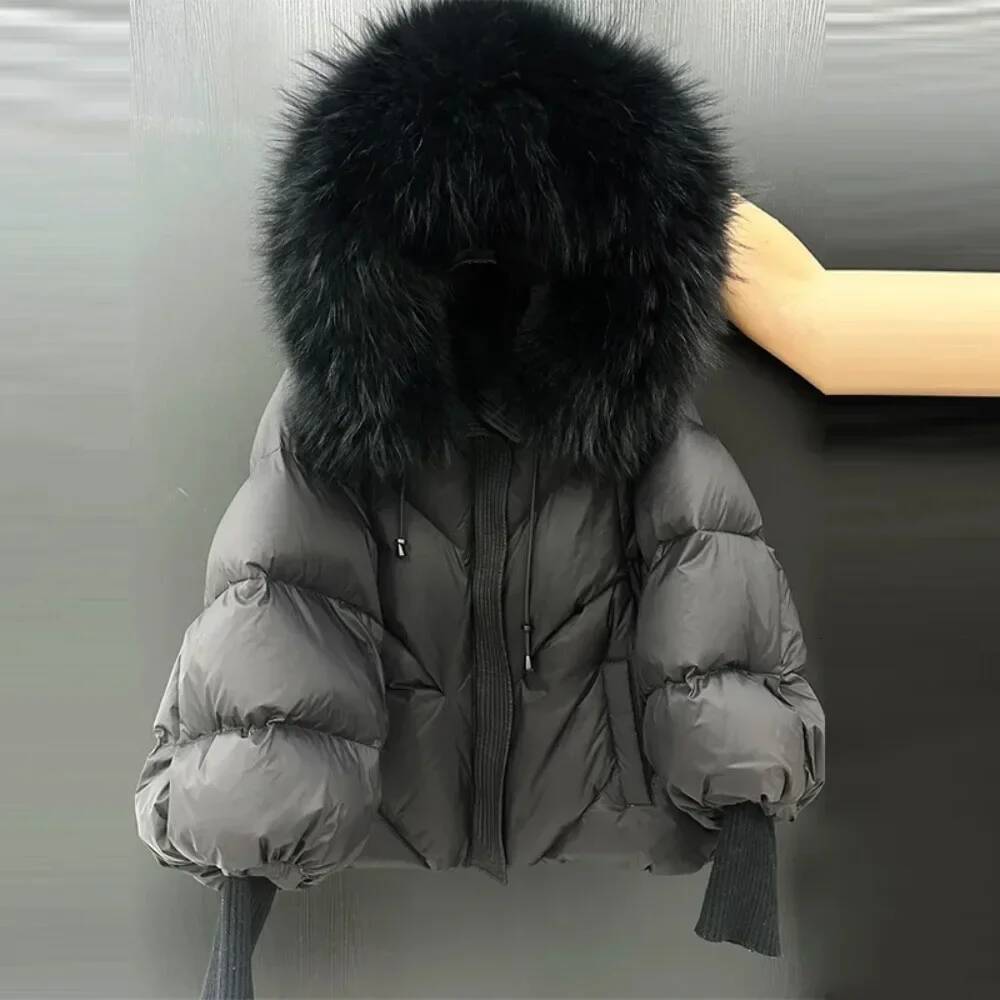 White Duck Down Coat Women Real Fur Hooded Puffer Jacket Thicken Warm Knitted Sleeve Mid Long Parka New Winter Large