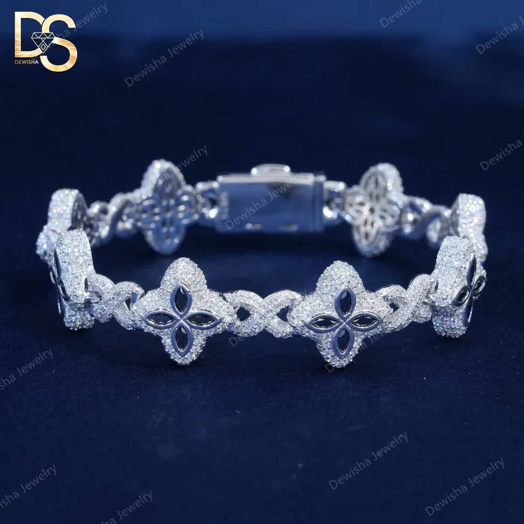 Hip Hop Jewelry 15mm Marquise Flower Design Iced Out Unisex Moissanite Cuban Link Chain 925 Silver Moissanite Bracelet