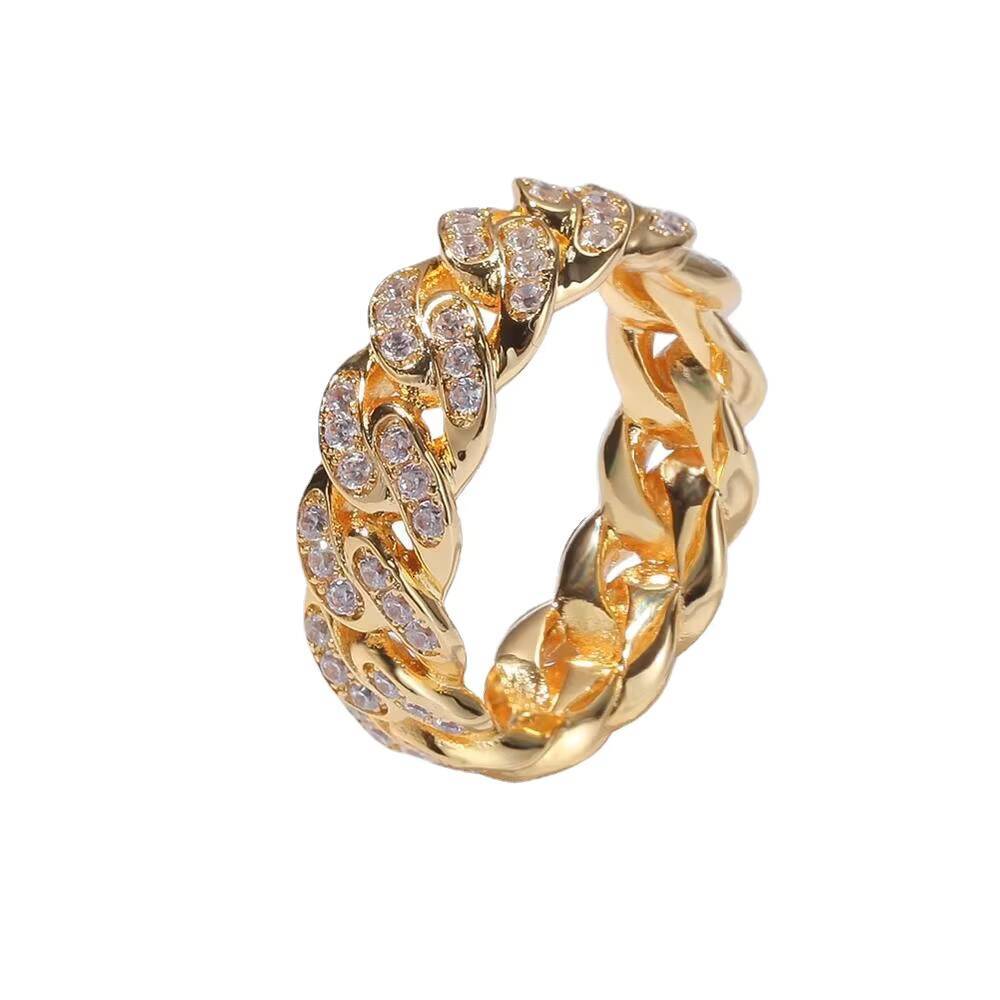 Hiphop Luxury Stainless Steel Zircon Paved Mens Fashion Cuban Link Chain Ring for Men