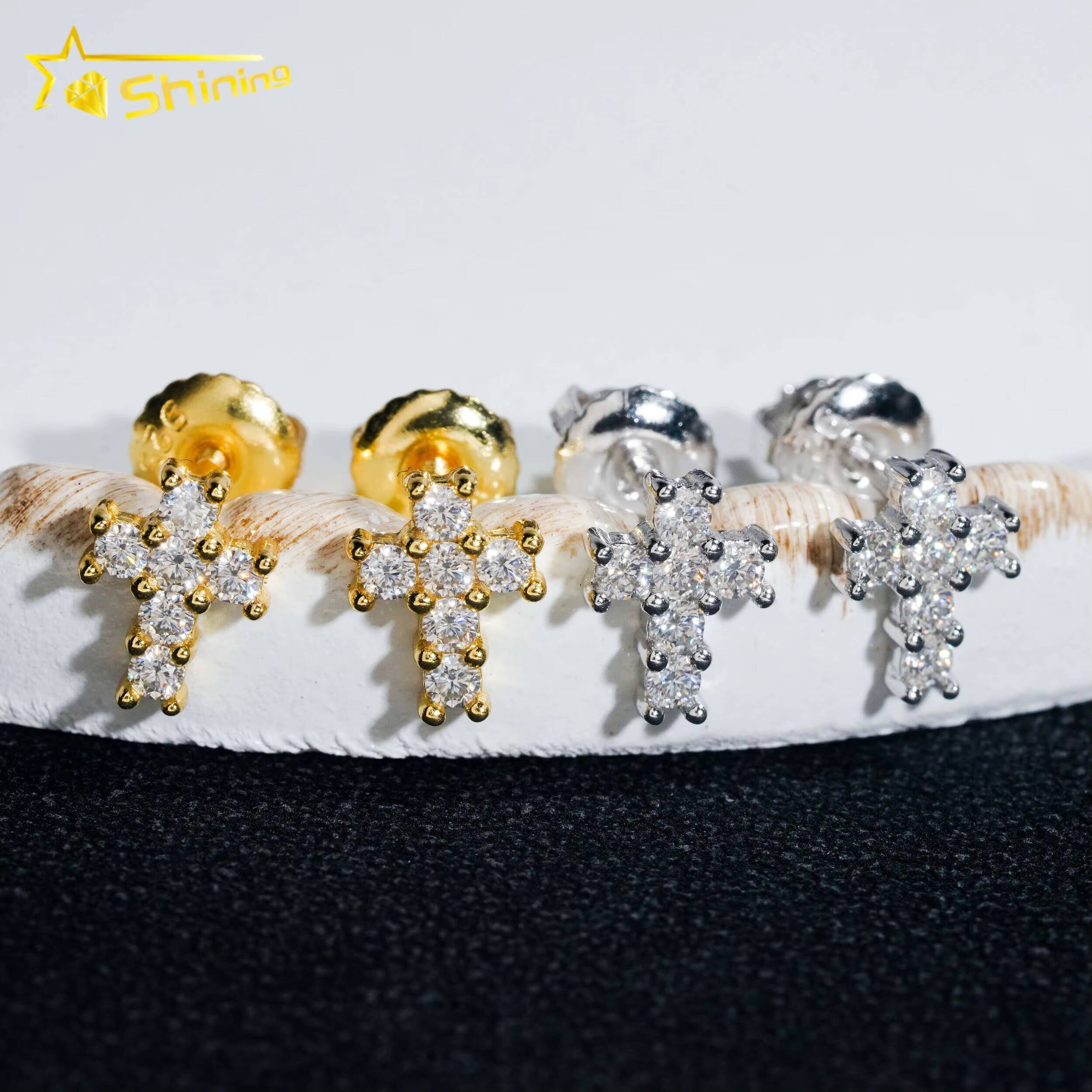 Wholesale Bulk Fashion Hip Hop Stud Moissanite Diamond 925 Sterling Silver Cross Earrings