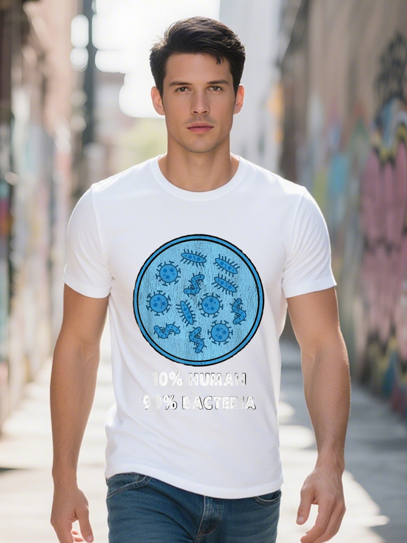 Men s Funny Bacteria Graphic T Shirt Cotton Short Sleeve Fit Black with Blue White Microbiome Design 6e96f