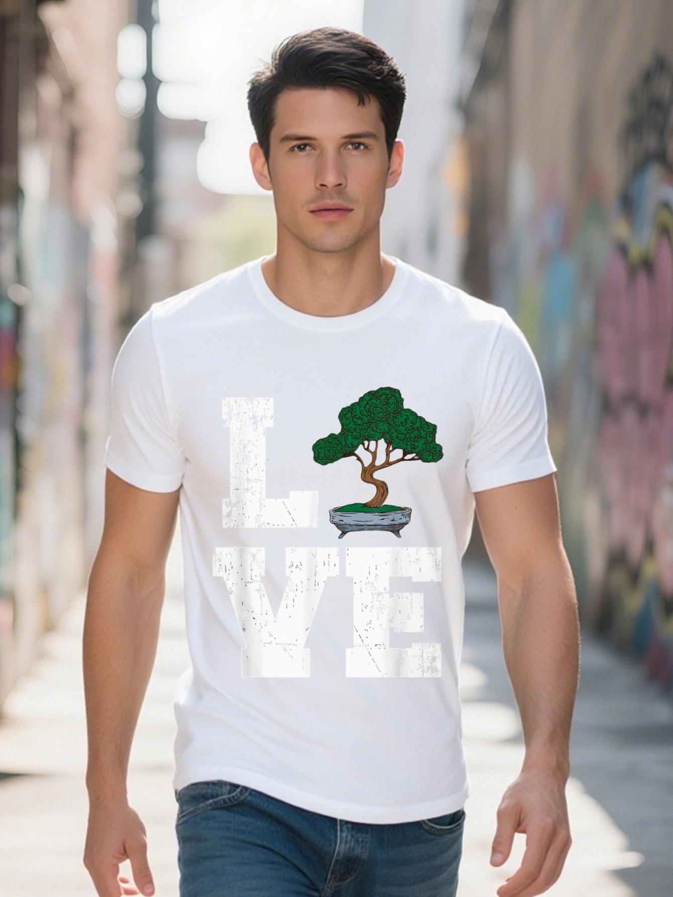 Men s Cotton T Shirt with Fun LOVE Bonsai Tree Design Short Sleeve Round Neck, Washable, Perfect for Casual df656