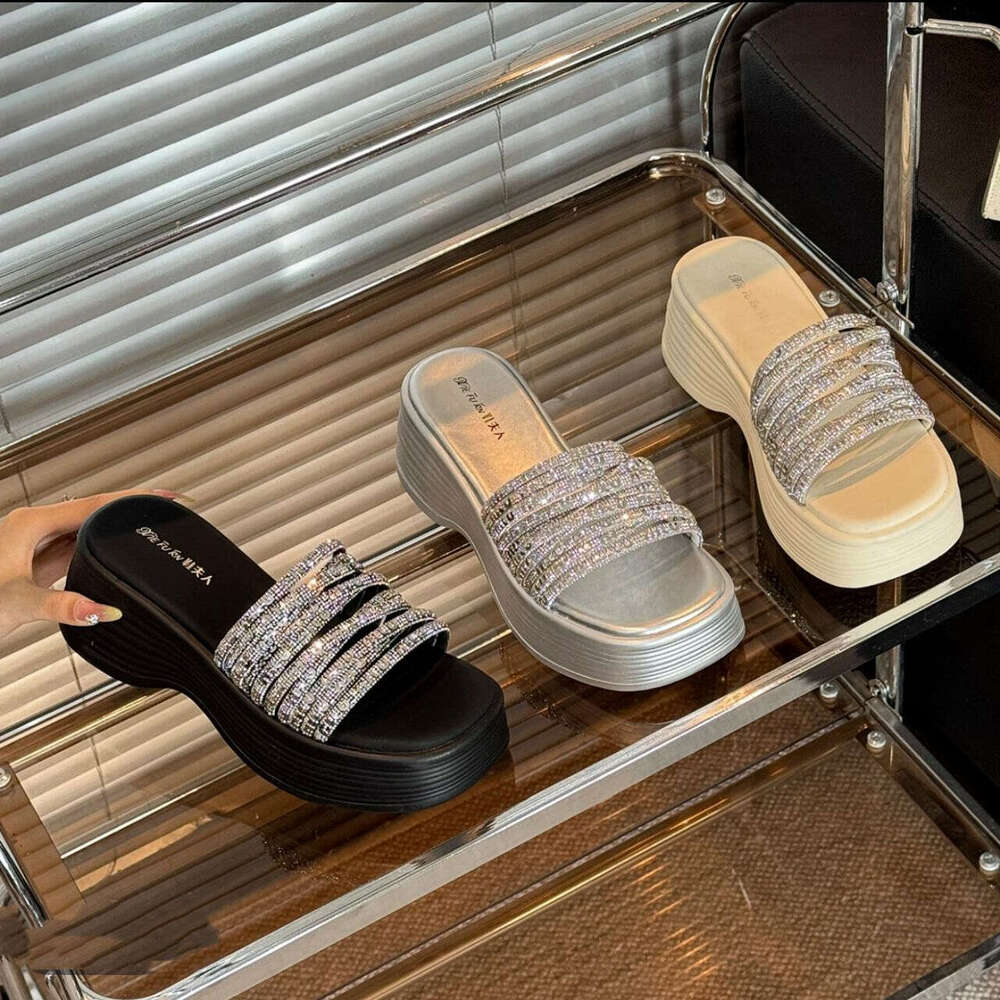 2025 New Trendy Summer Wedge Thick Sole Height Increasing Rhinestone designer shoes Slide Sandals for Outdoor Wear