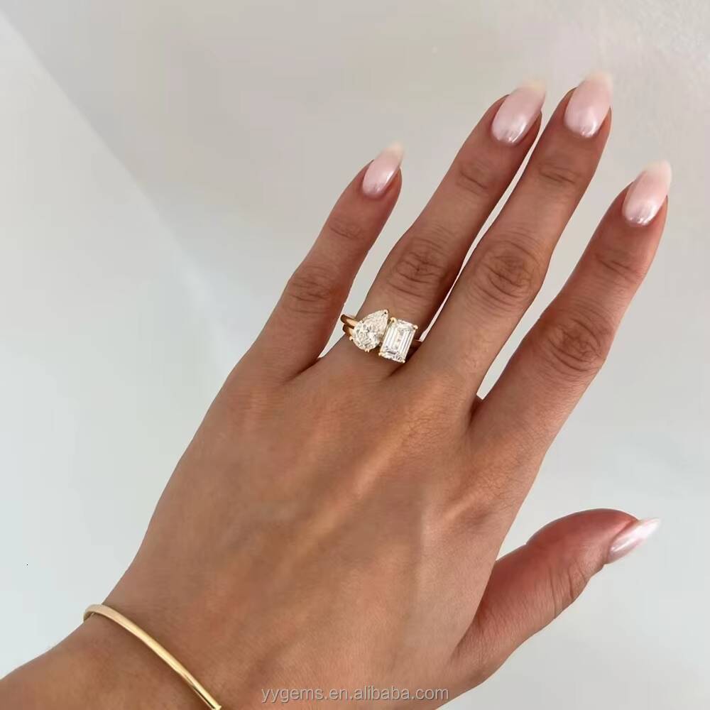 Custom MOI ET TOI Style 2CT Pear Octagon Moissanite 18K Gold Yellow Wedding Engagement Ring Fine Jewelry Women Fine Rings