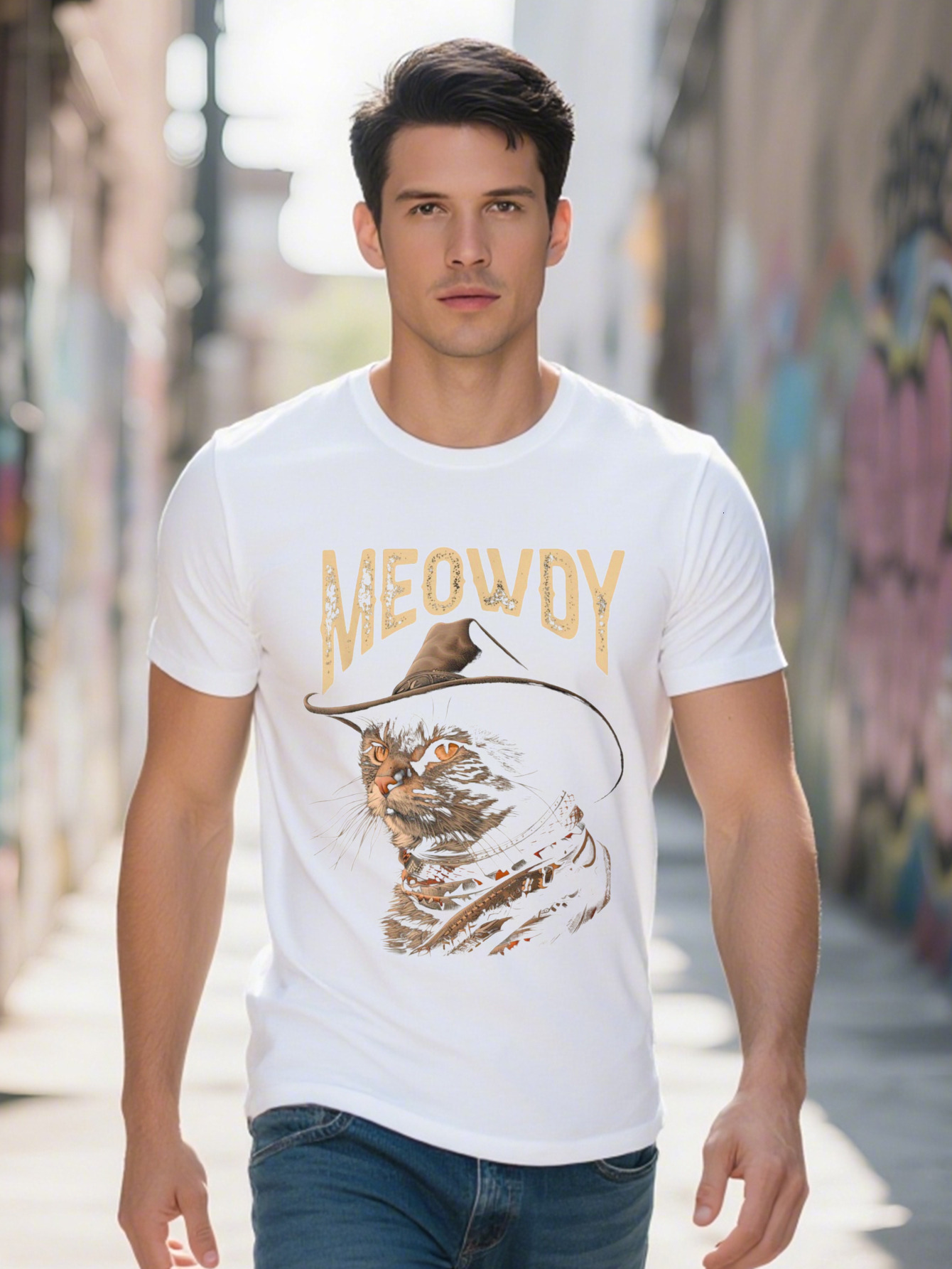 Men s g Cotton T Shirt Black Short Sleeve with Meowdy Cowboy Cat Meme Graphic Digital Print Regular Fit for 8c035