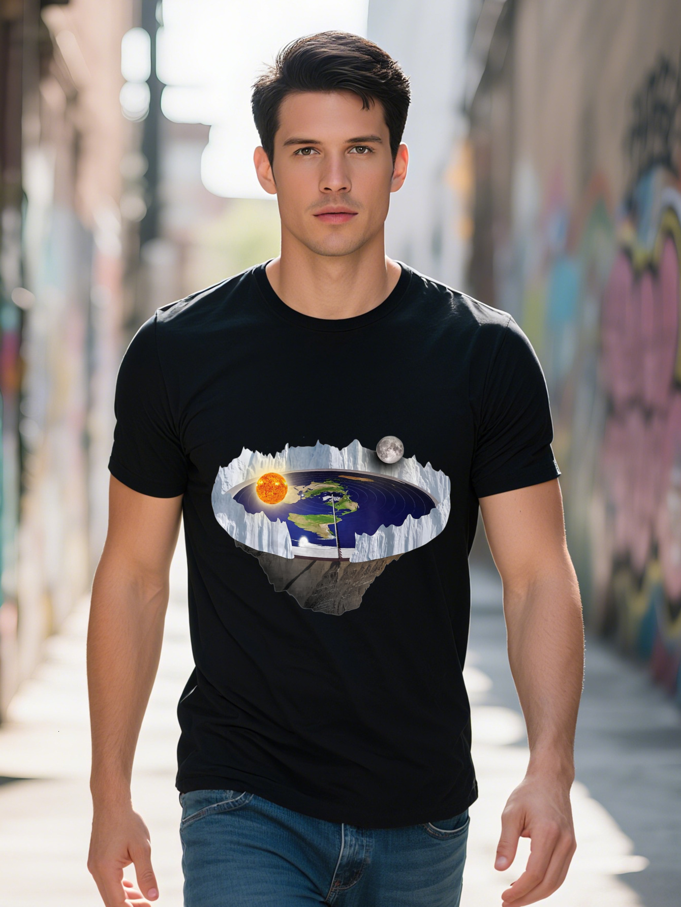 Men s g Cotton T Shirt with Flat Earth Ice Wall Graphic Black Short Sleeve Tee Digital Art Regular Fit for 140c4