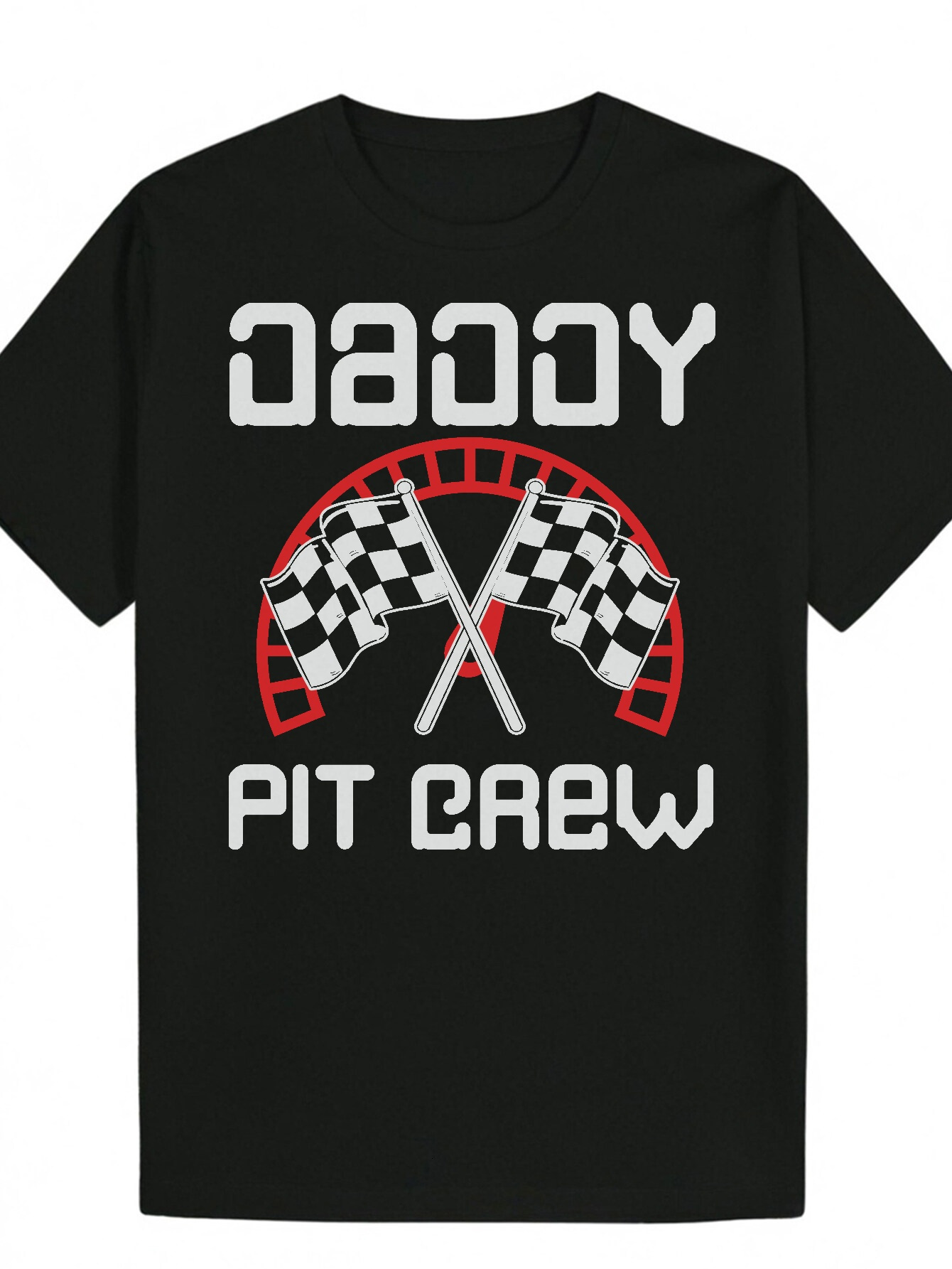 Men's Summer Graphic T-Shirt - Black "DADDY PIT CREW" Design with Checkered Flag, Polyester, Regular Fit, Machine Washable, Event Cloth