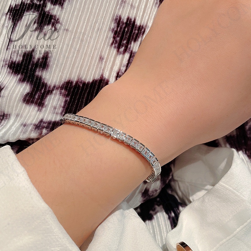 Vintage Princess cut Cubic Zirconia Bangle Bracelet 925 Silver Engagement Wedding Square Stone Tennis Bracelets For Women Bridal Party Jewelry