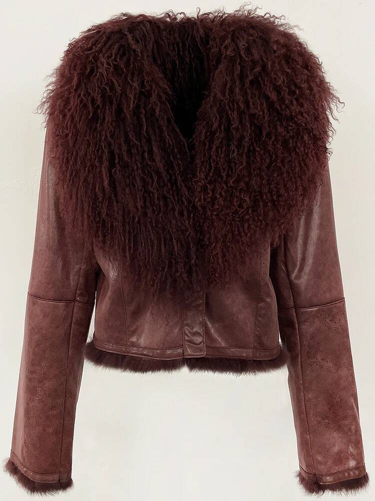OFTBUY Suede Jacket Women Autumn Winter Fashion Short Warm Real Rabbit Liner Clothes Natural Mongolia Sheep Fur Coat Female