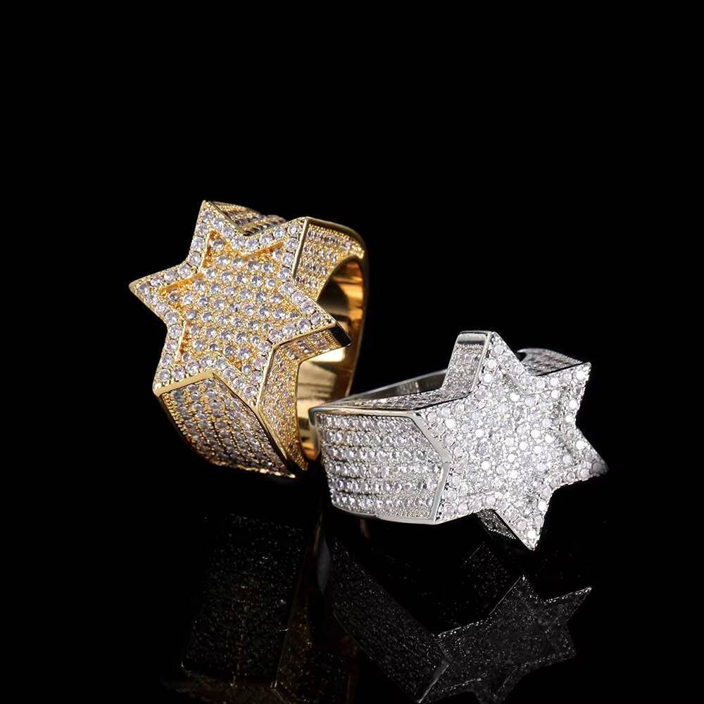 Hip Hop Diamond Rings Jewelry Women Hexagonal Star Micro Paved 3A CZ Stone Ring for Men