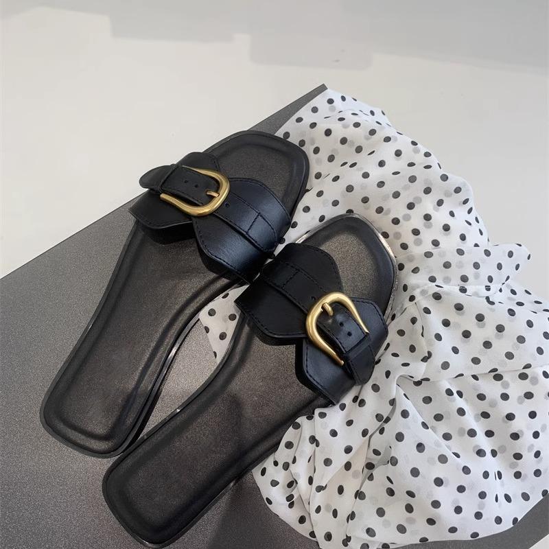 2025 New Metal Buckle One-strap Luxury Designer Sandals Women's Summer Outdoor Flat Fashion Sandals Square Toe Soft Sole Women's Slippers