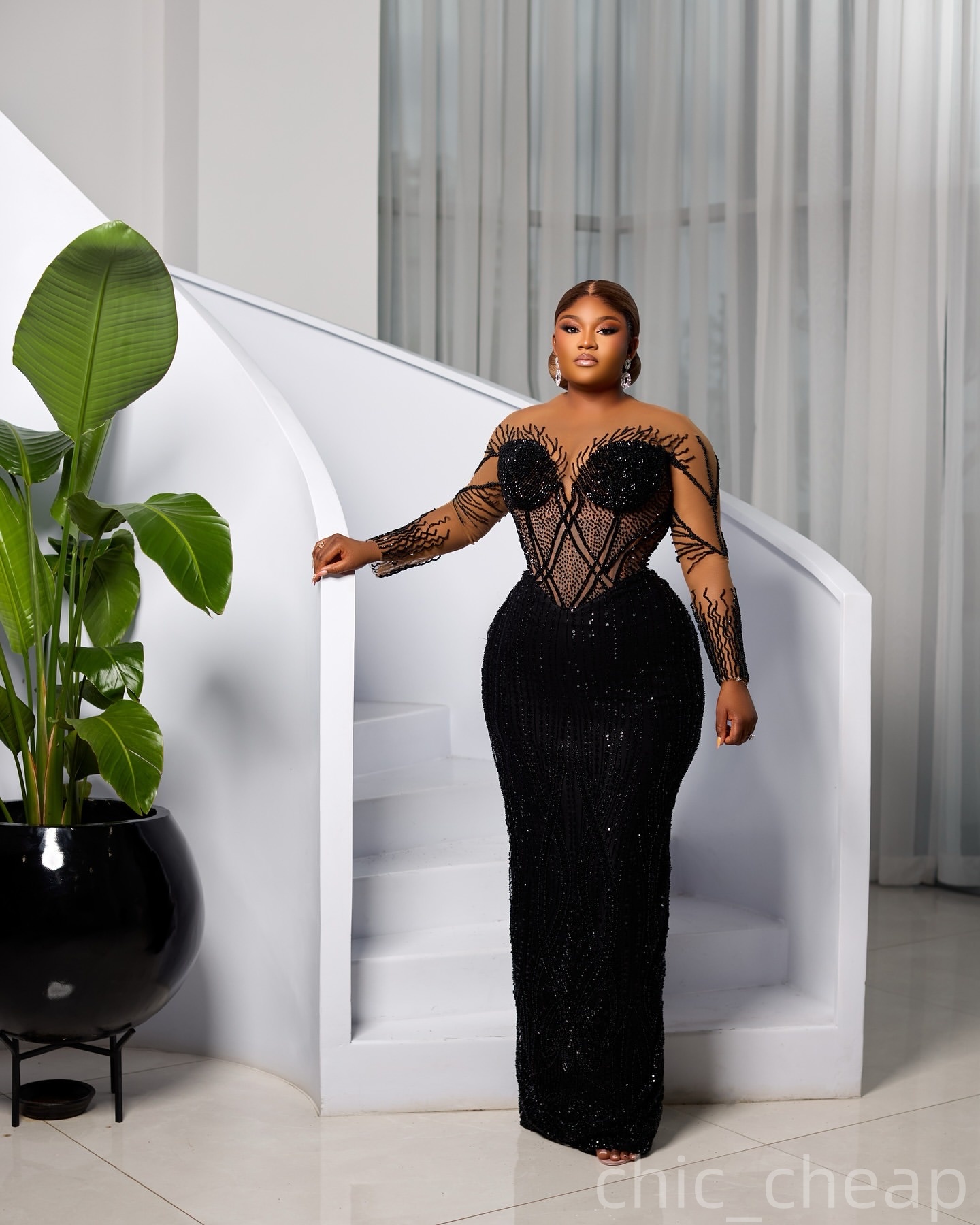 Sheath Black Prom Dresses 2025 Sequined Beaded Illusion Evening Formal Party Second Birthday Engagement Gowns Plus Size Dress For Special Occasions ZJ