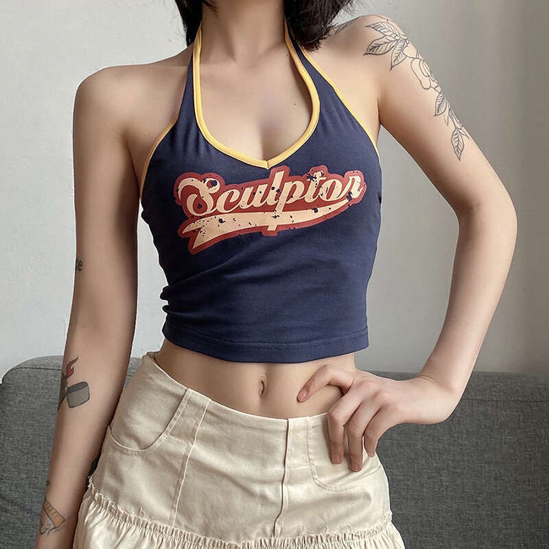Trendy 2025 designer Summer New Women's Fashion Letter Print Sexy Halter Neck Tank Top