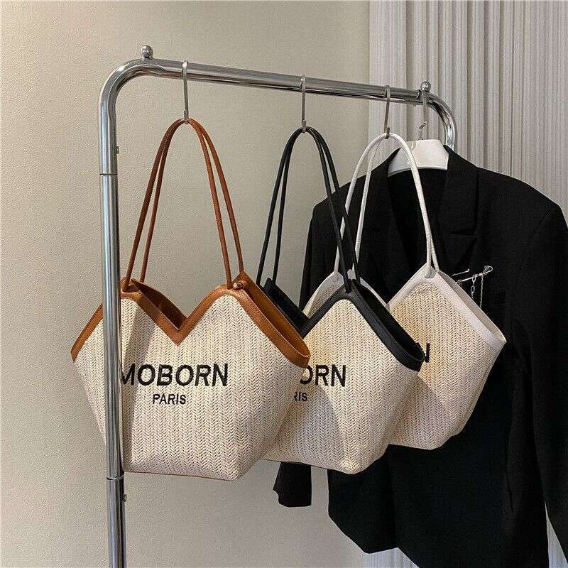 Trendy New Woven Women's Grass Weaving Shoulder Underarm Fashion Letter Contrast Casual Tote Bag