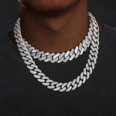 925 Sterling Silver Moissanite Cuban Chain Necklace 15mm Sparkling Rhodium Plated in Hip-hop Style Following Miami Cuban Style