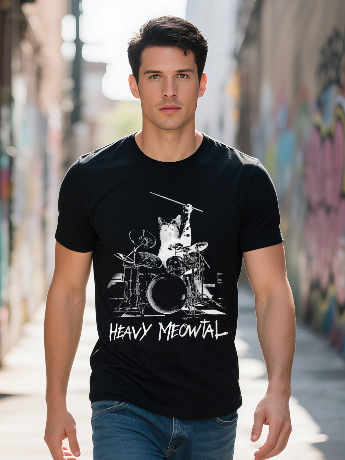Men S g Cotton Black and White Heavy Meowtal Music Rock Drummer Cat Kitten T-shirt ccca7