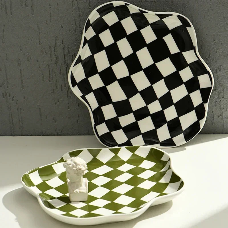 Retro Checkerboard Ceramic Plate Jewelry Storage Dessert Home Decoration Dinner Tableware 250708