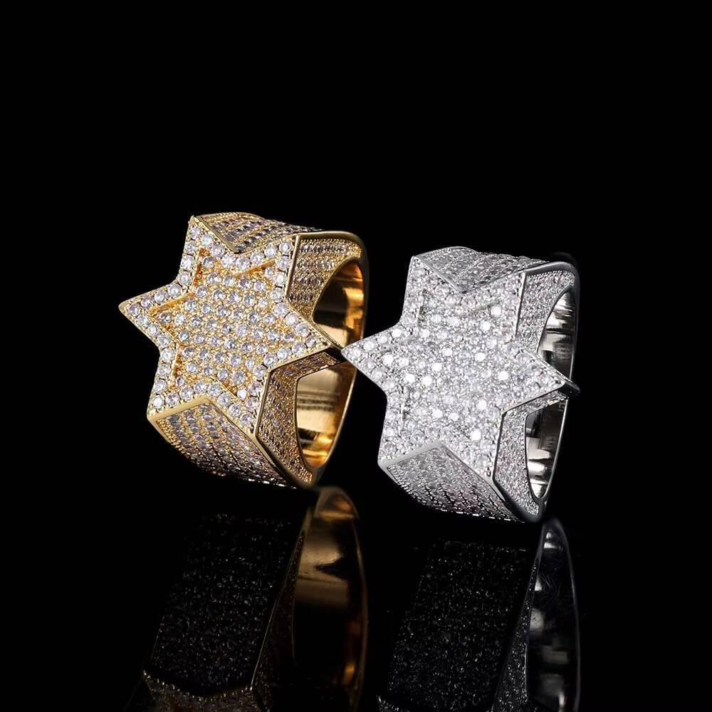 Hip Hop Diamond Rings Jewelry Women Hexagonal Star Micro Paved 3A CZ Stone Ring for Men
