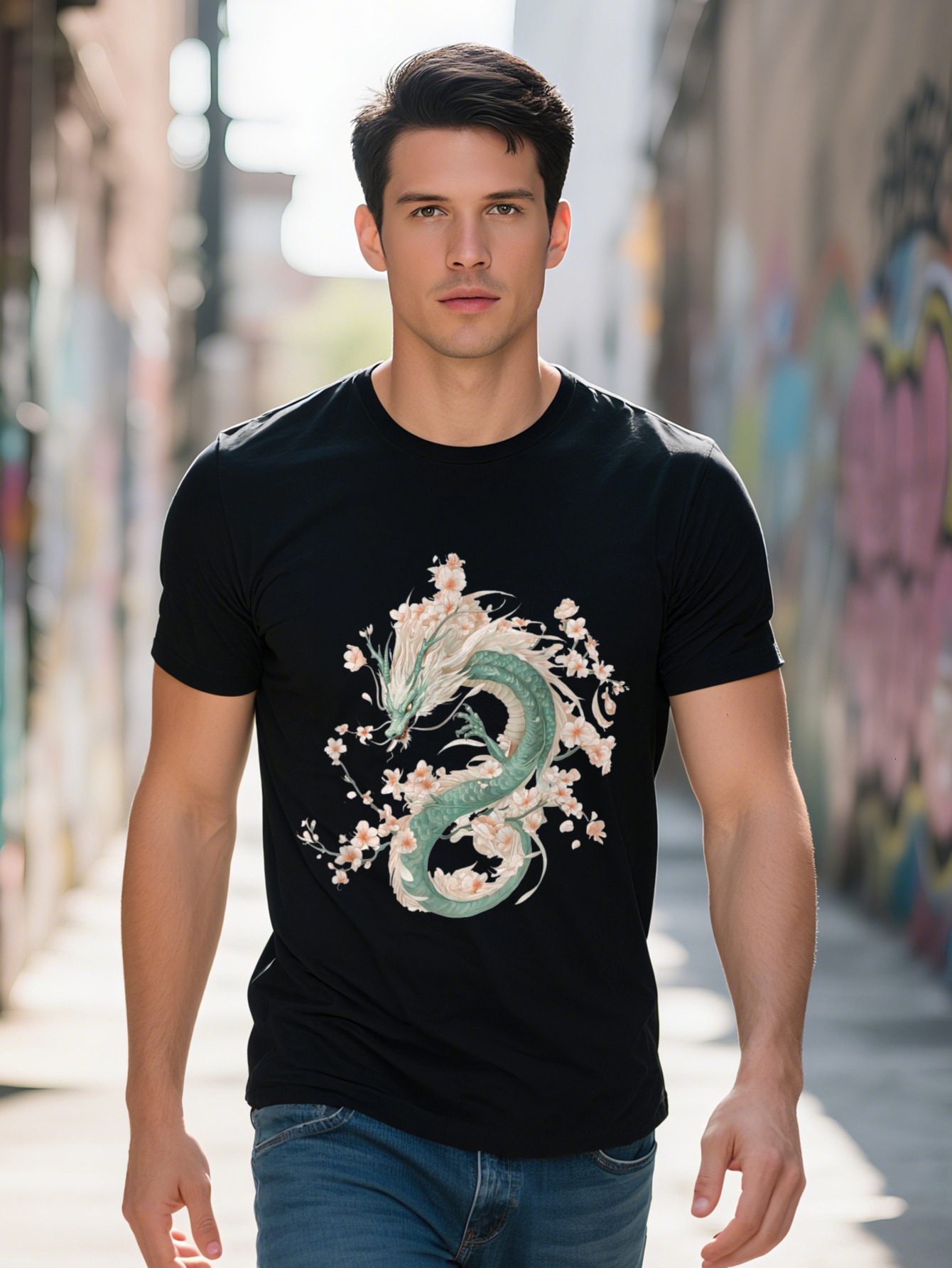 Men's T-shirt g Cotton Green Dragon Spirit with Cherry Blossom Glory Print c67b0