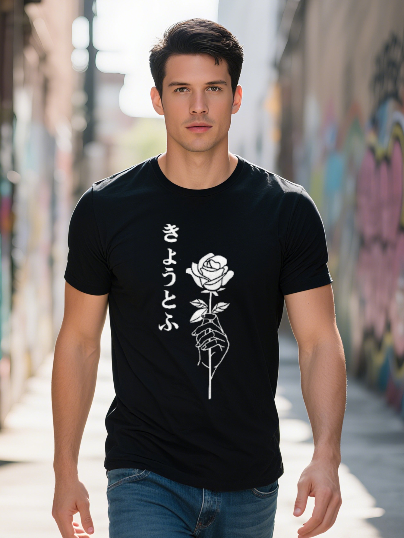 Men s Classic Black Polyester T Shirt with Elegant White Rose Graphic Casual Crew Neck Short Sleeve, washable f9c23