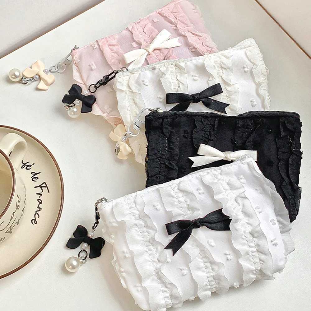 Cute Lace Bow Coin Purse Portable Cosmetic Storage Bag Womens Wallet Key Makeup Lipstick Pouch Headphone Organizer Clutch Bags G250802