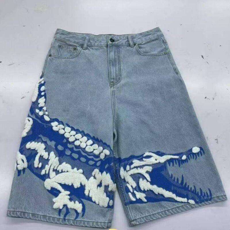Men's Clothing 2025 Summer New American Retro Washed Trendy Printed Denim Shorts Loose Casual Straight Wide Leg Pants