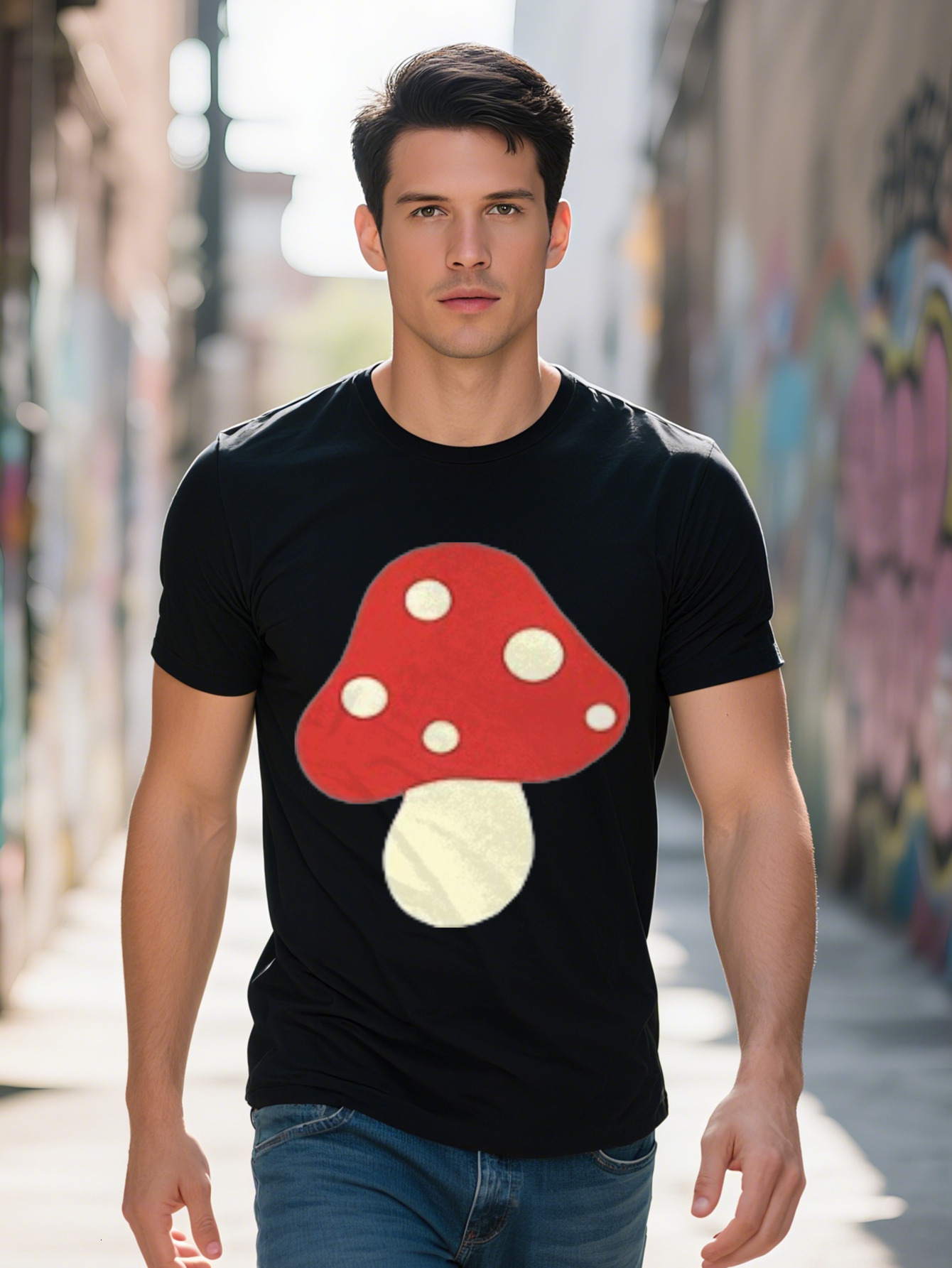 Men s Soft Cotton T Shirt with Cute Red Mushroom Graphic Short Sleeve Black Lightweight Breathable for Casual 76ea4