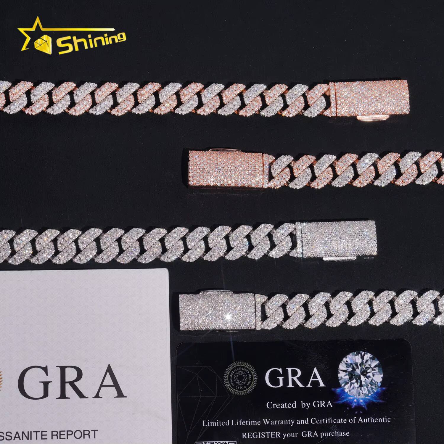 RTS Factory Hip Hop Jewelry 13mm Raised Stones Solid 925 Sterling Silver Gold Plated Iced Out Moissanite Miami Cuban Link Chain