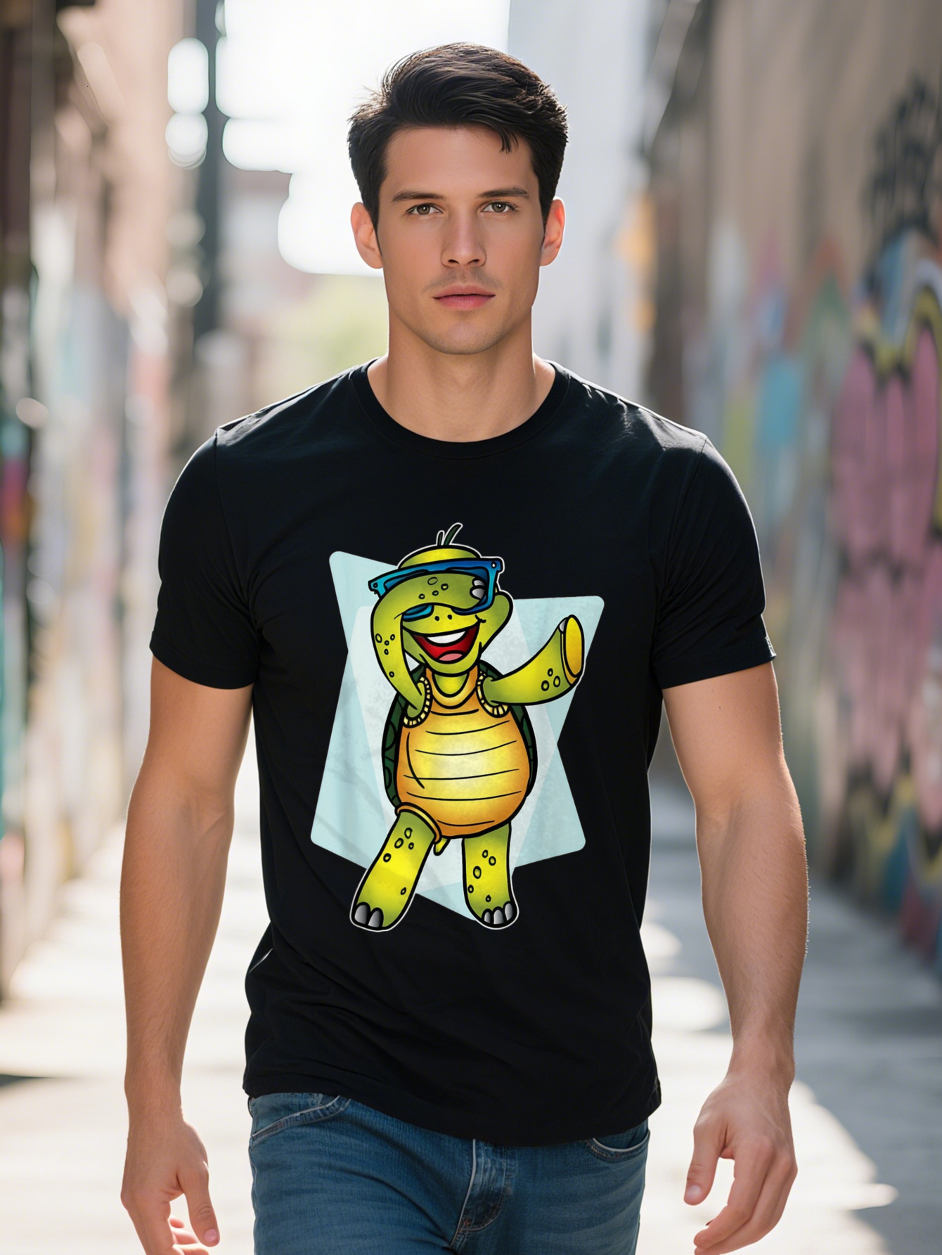 Men's Cotton T-Shirt Funny Cartoon Turtle with Fashion Glasses Design Black Short Sleeve Tee Adults Lightweight f887e