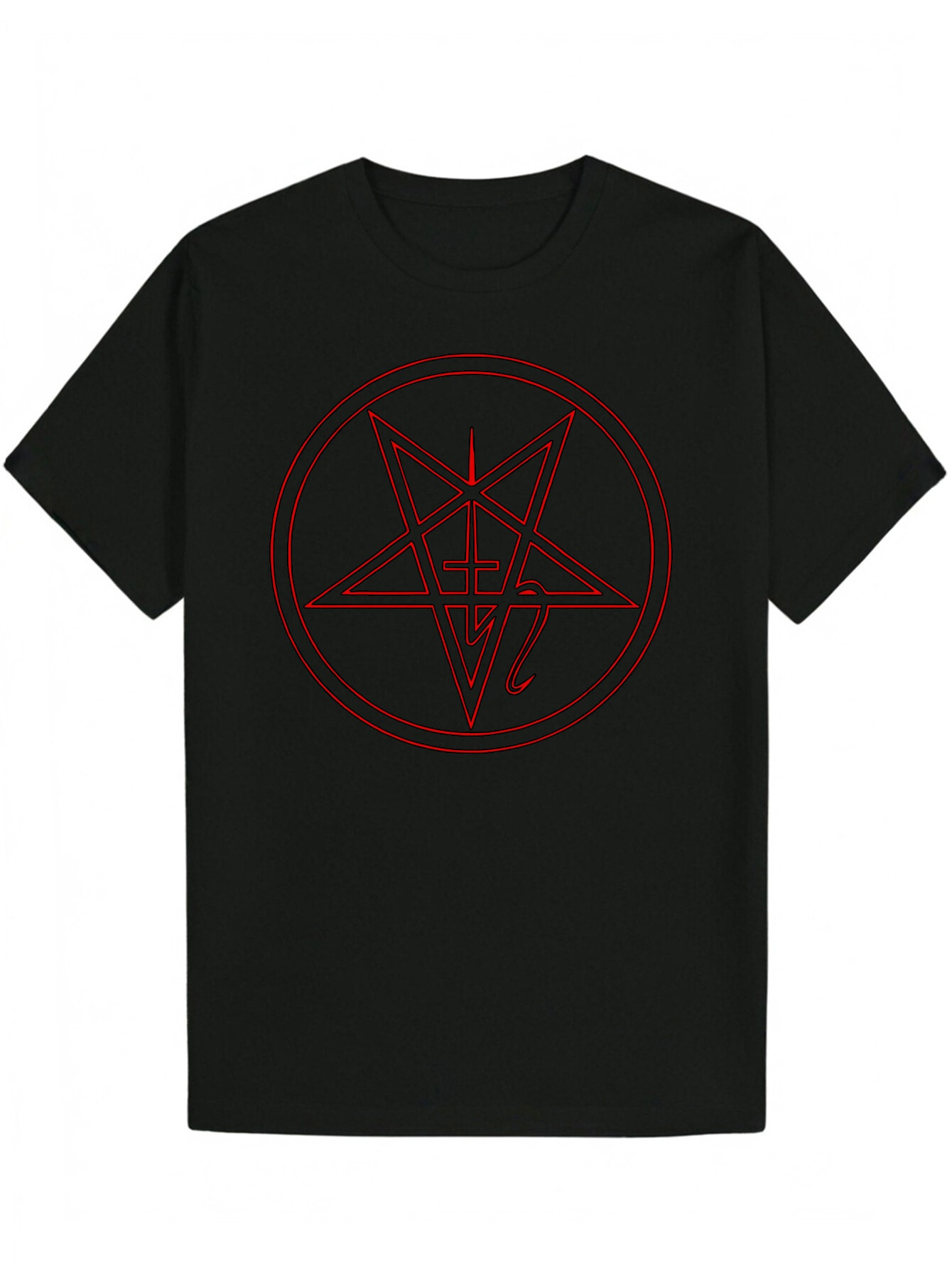 Men's Black Summer Pattern Round Neck Polyester T-Shirt, Red Five-Pointed Star Design, Machine Washable, Lightweight and Breathable, Suitable for