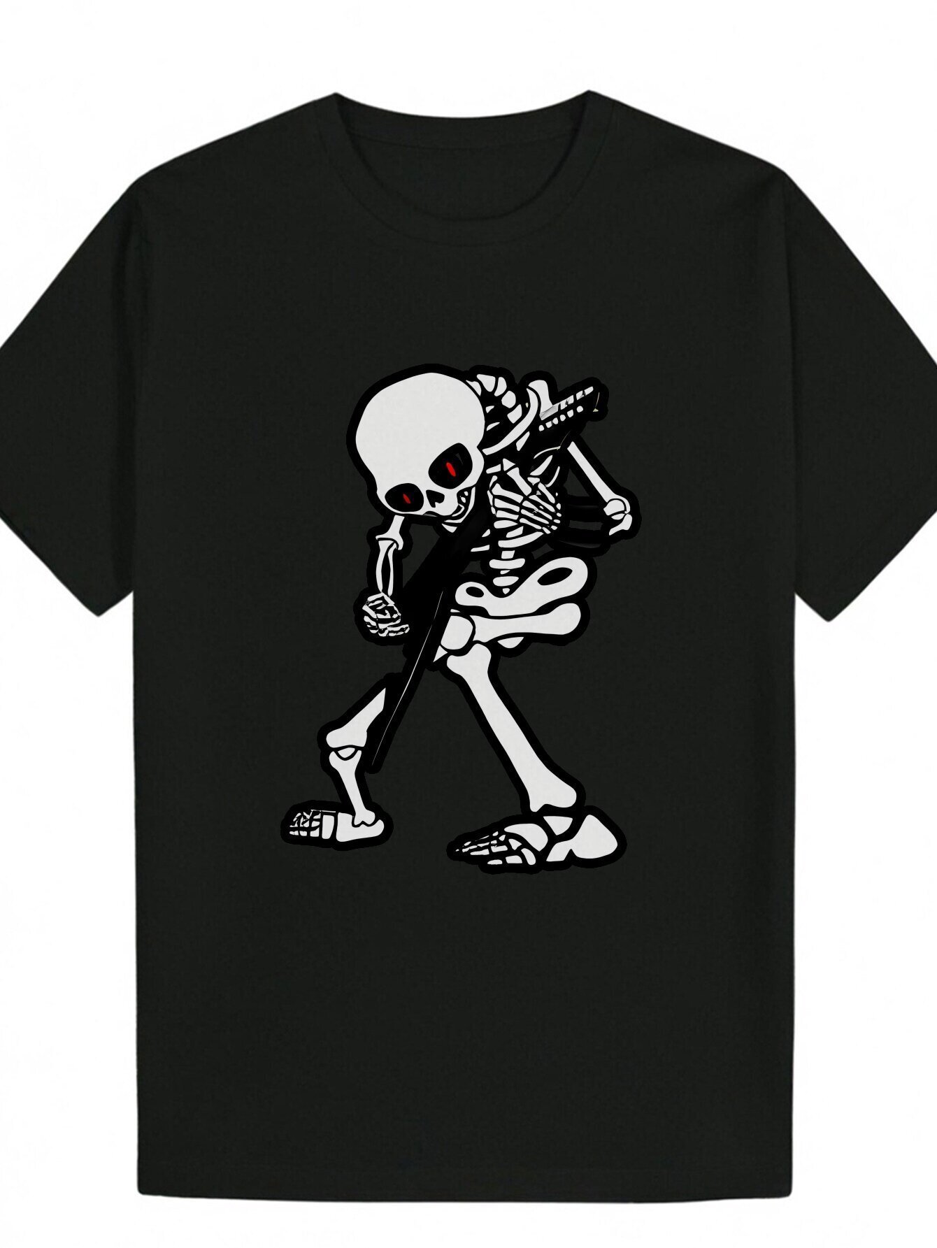 Men's Black Casual Summer T-Shirt with Skull Guitarist Pattern - Round Neck Polyester, and Breathable, Machine Washable, Lightweight Clothing|Sku