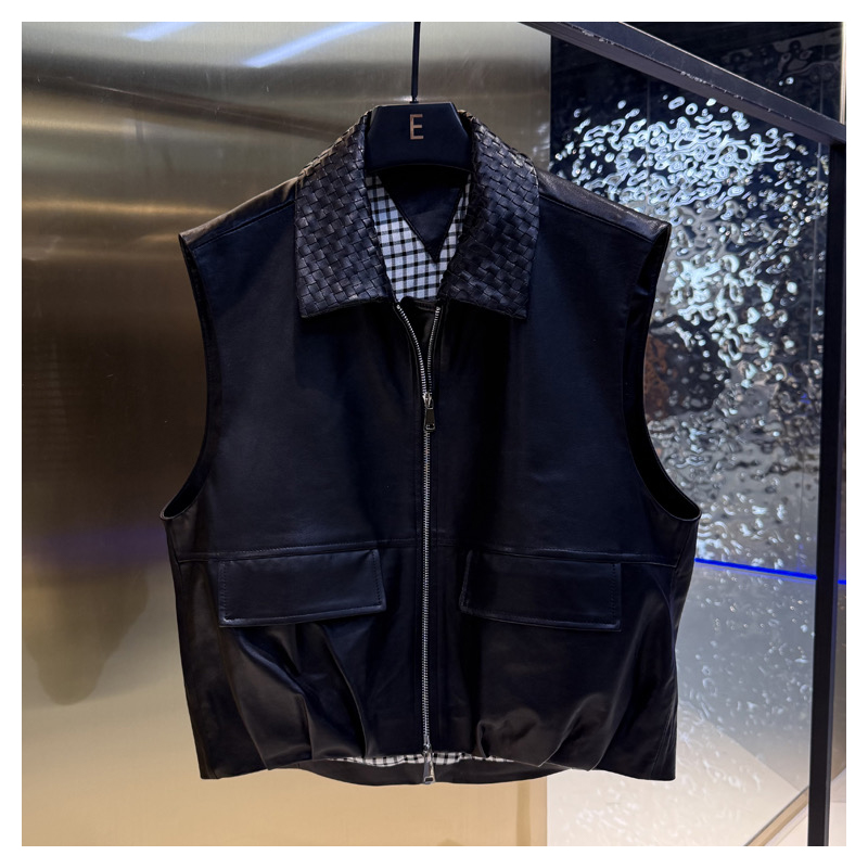 Genuine leather sheepskin woven collar, contrasting plaid lining, leather vest, camisole jacket for casual women