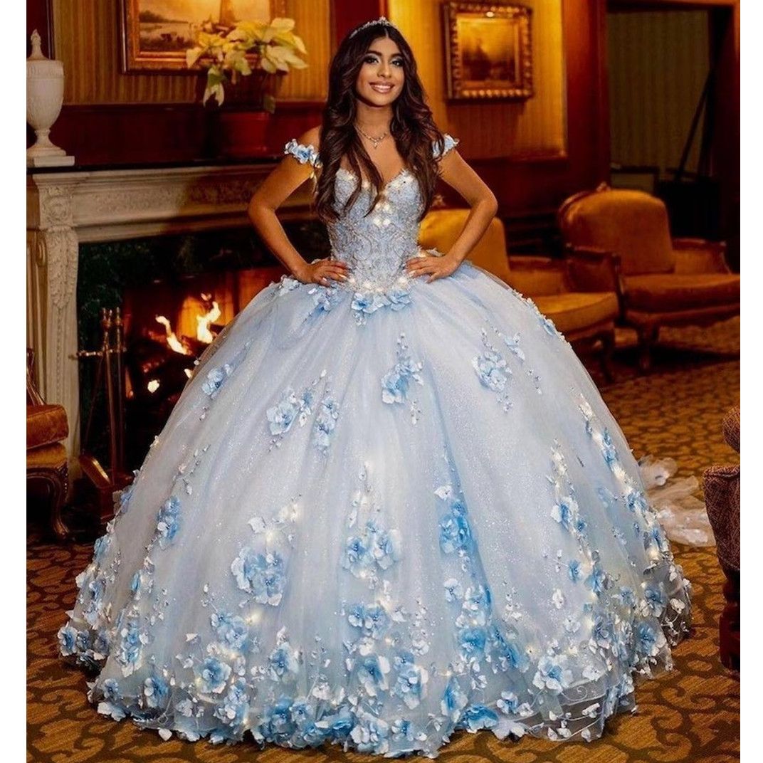 Glitter Tulle Quinceanera Dresses Floral 3D Flowers Applique Crystal Beads Off The Shoulder Corset Back Sweet 16 Dress Graduation Pageant Gowns 01