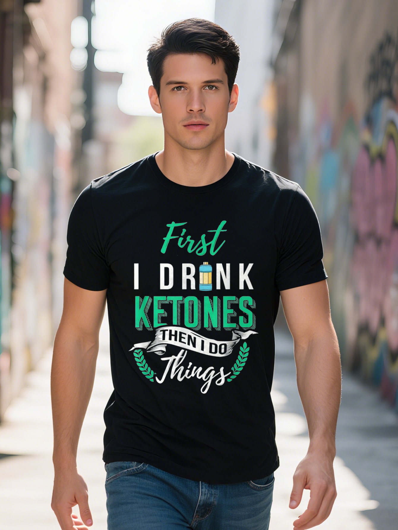 Men s Cotton Keto Lifestyle T Shirt First I Drink Ketones Fun Graphic Tee Low Carb Diet Design Black with Green 2a996