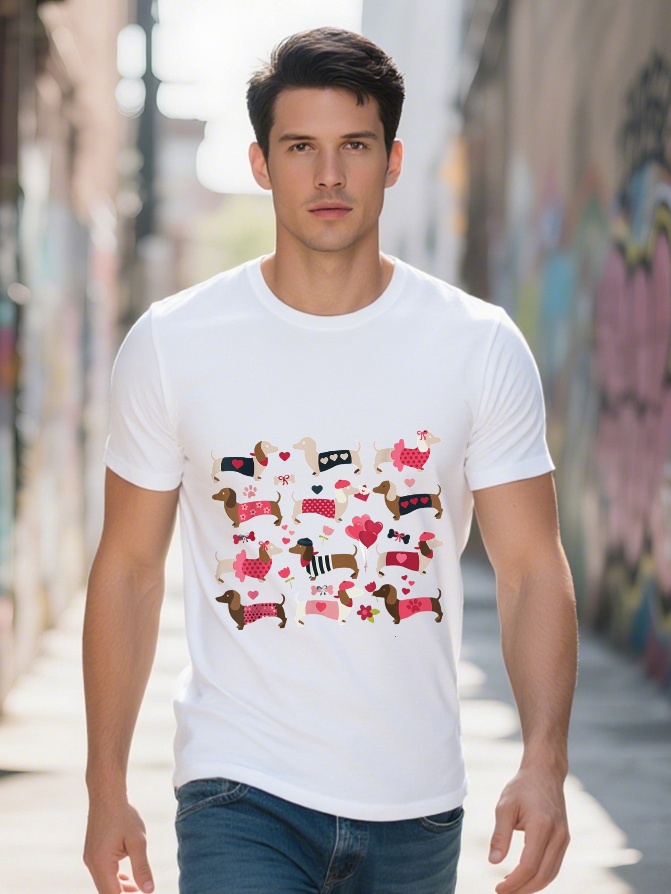 Men s Cotton T Shirt with Playful Dachshund Heart Balloons Design Casual Crew Neck Short Sleeve f37a6