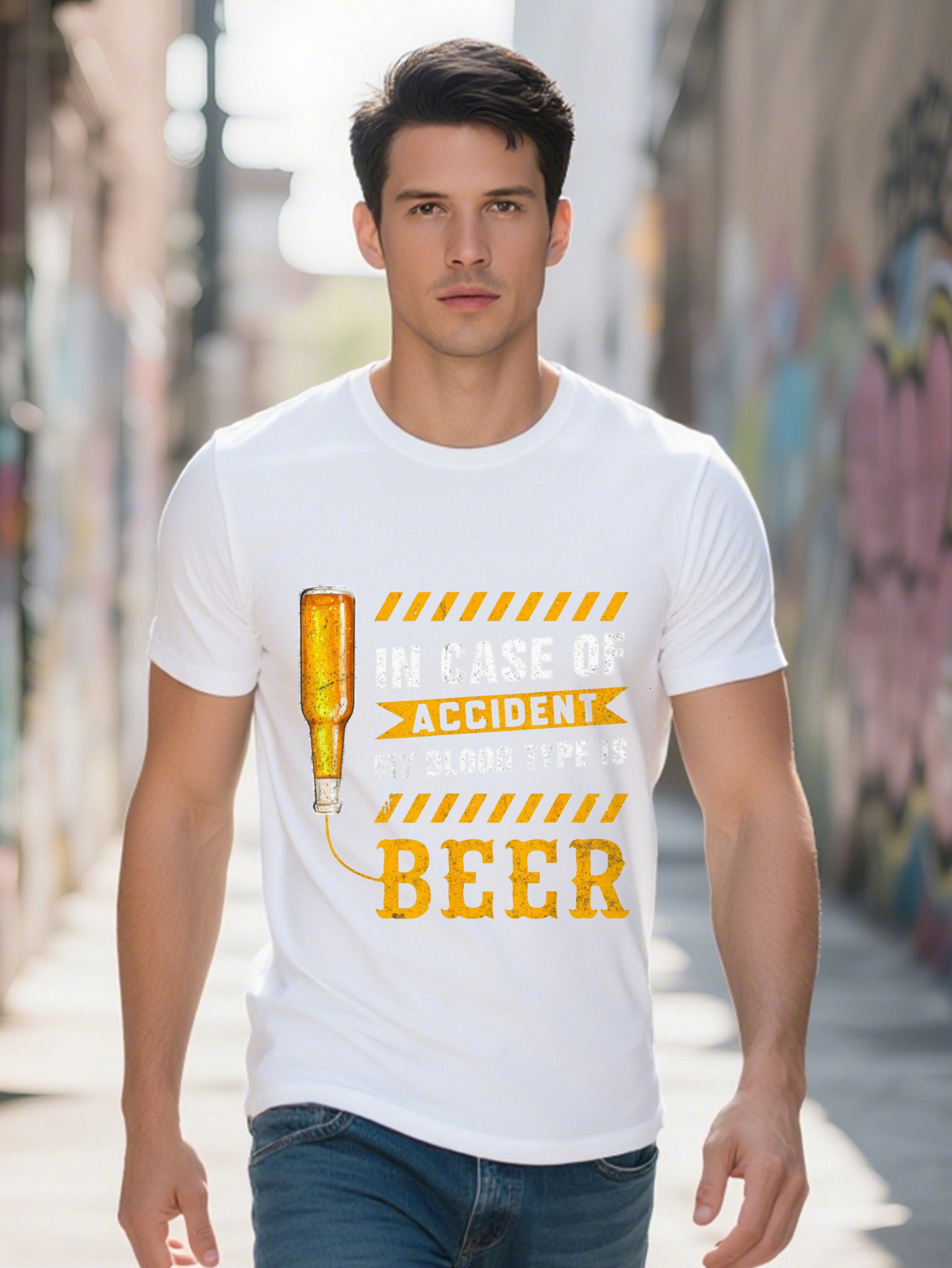Men s g Cotton T Shirt In Case of Accident My Blood Type Is Graphic Tee with Beer Bottle Design Black Short 923e6