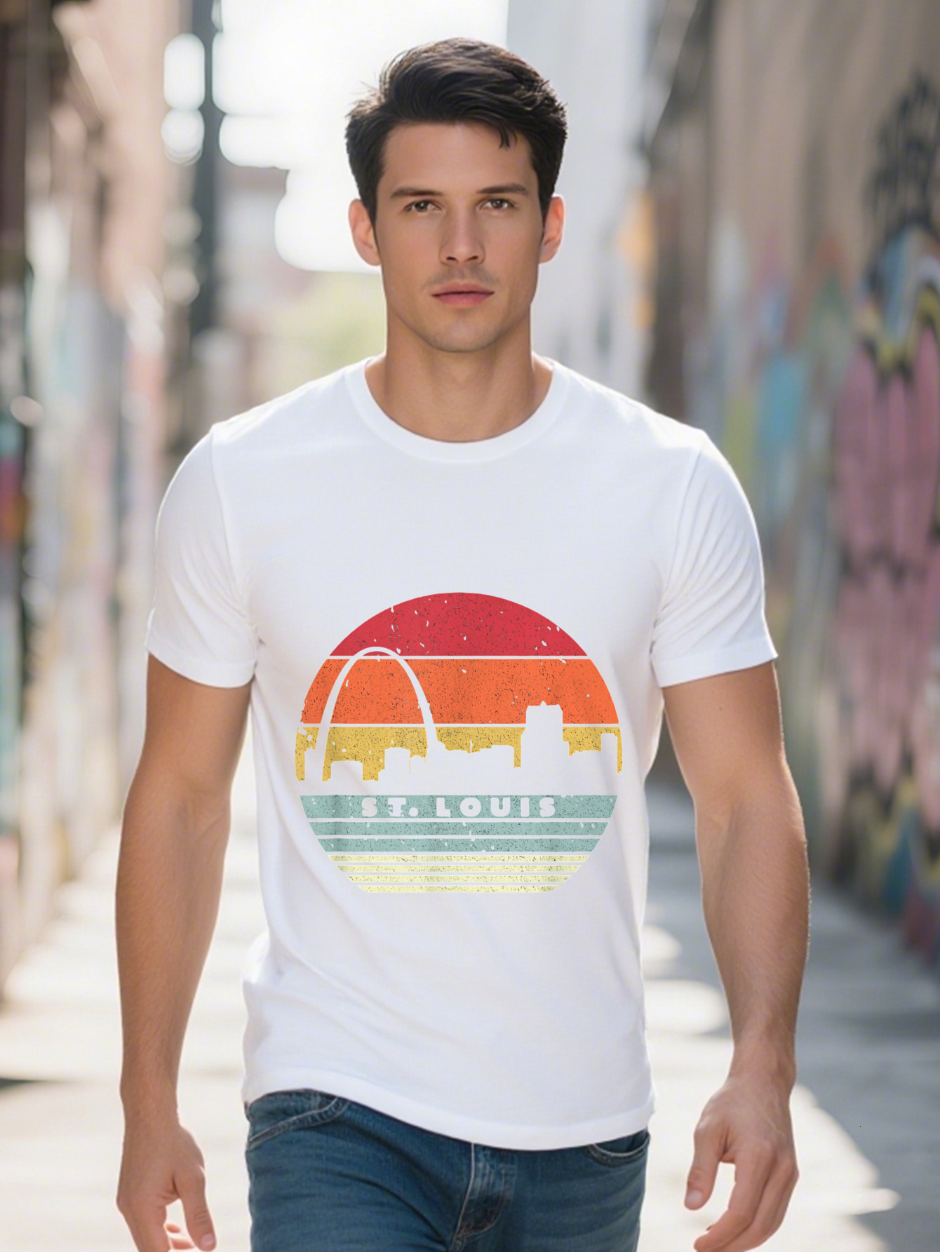 St Retro Style Graphic Men Cotton Crew Neck T-Shirt with Vintage USA Skyline Print Short Sleeve a8566