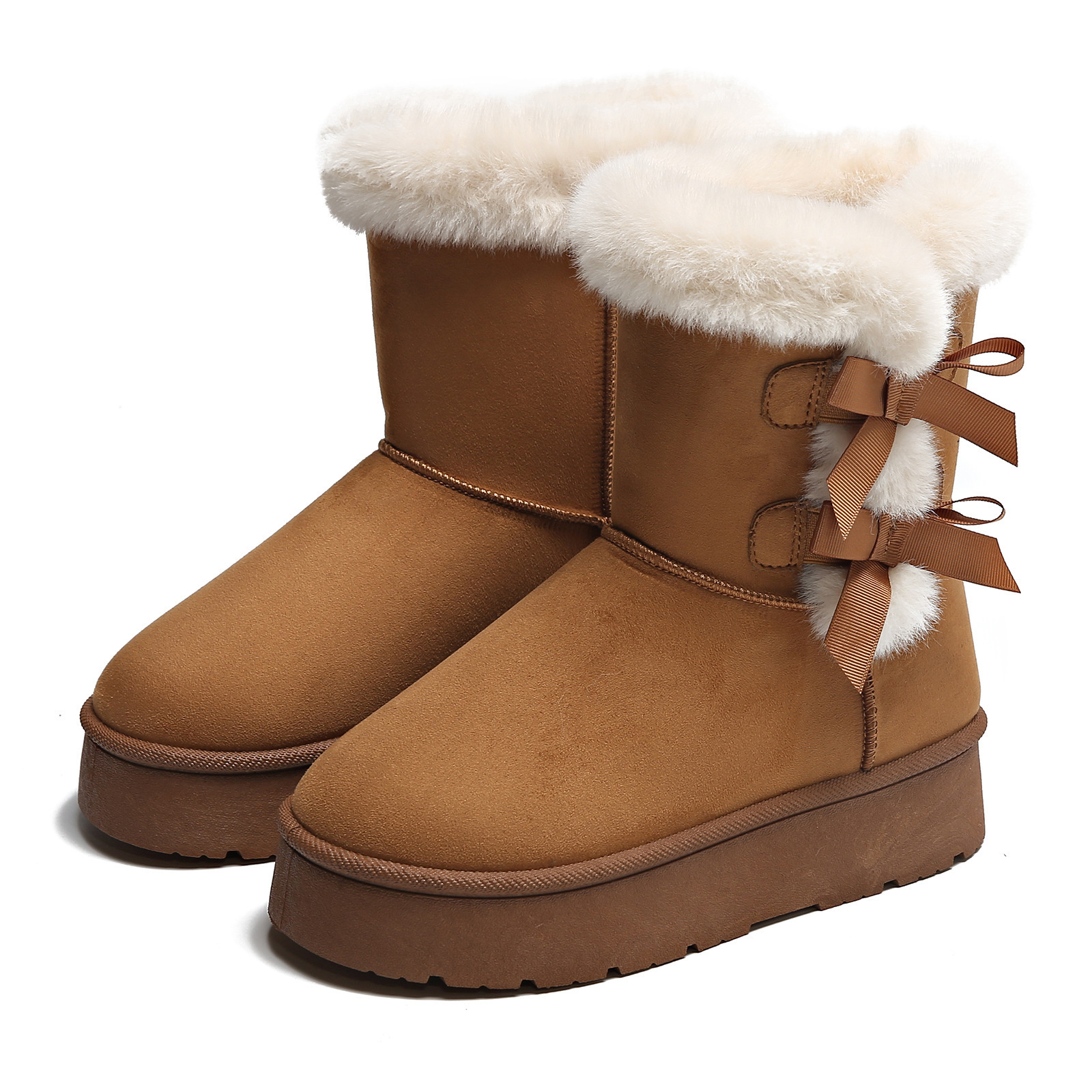 Fleece - Lined and Thickened Snow Boots with Slip - On Design New Winter 2025 Model Thick Sole Furry Opening Bow - Knot Warm and Available in Large Si
