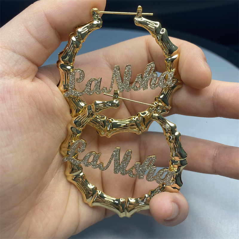 Personalise Bling Bamboo Hoop Name Earring Stainless Steel Earrings Bamboo Style Custom Hiphop Name Jewelry For Her 250327