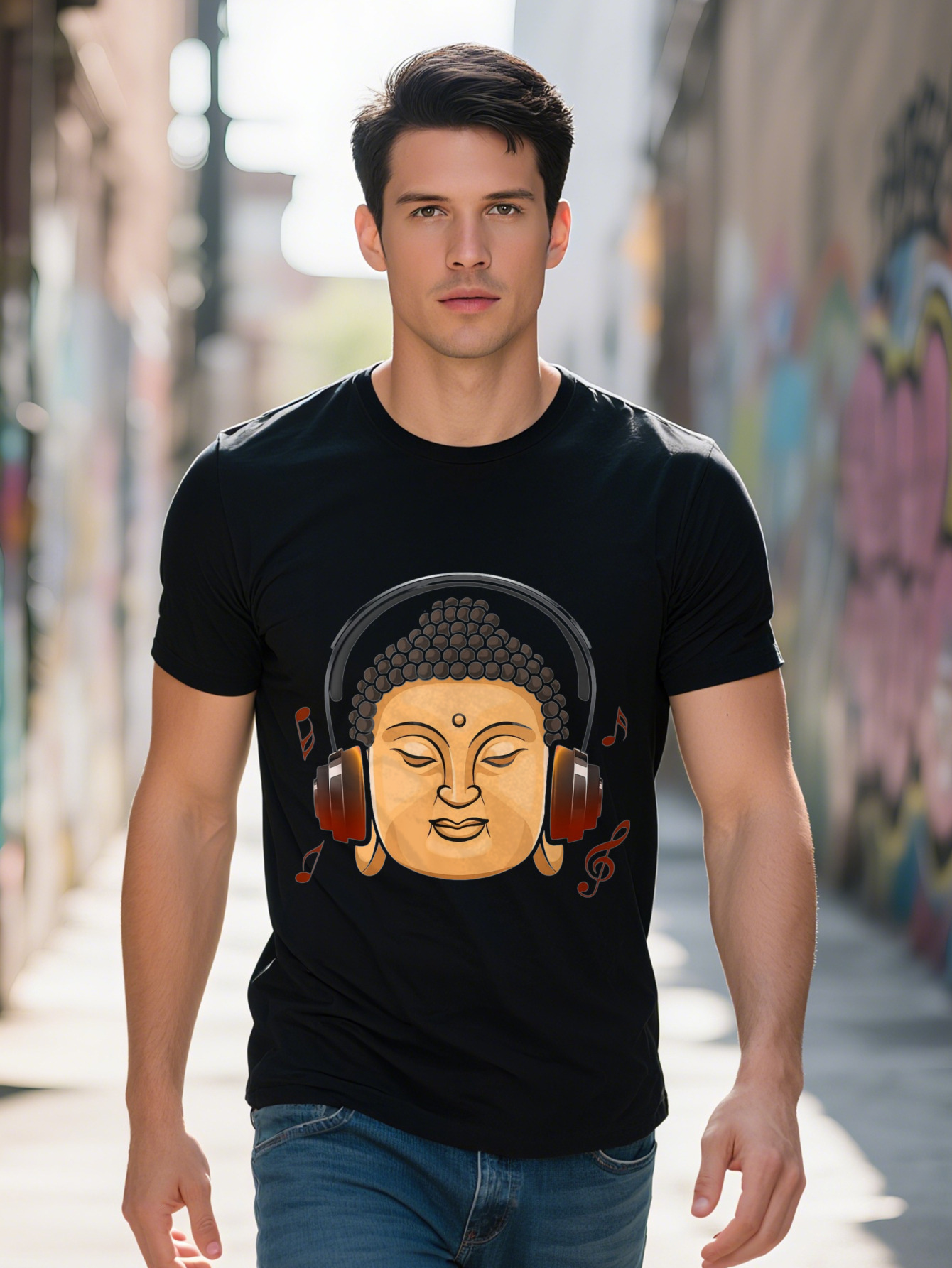 Vintage Buddha with Headphones Graphic Cotton Short S Round Neck Black T Shirt for Casual e0019 51273