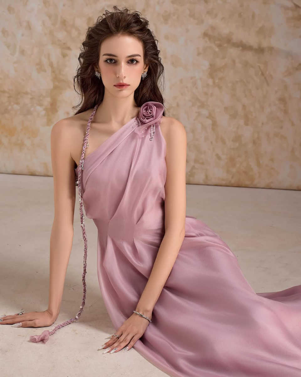 New Design One Shoulder Evening Dress Pleat Flower Sleeveless Party Dresses Floor Length Modern Style Cocktail Prom Gowns