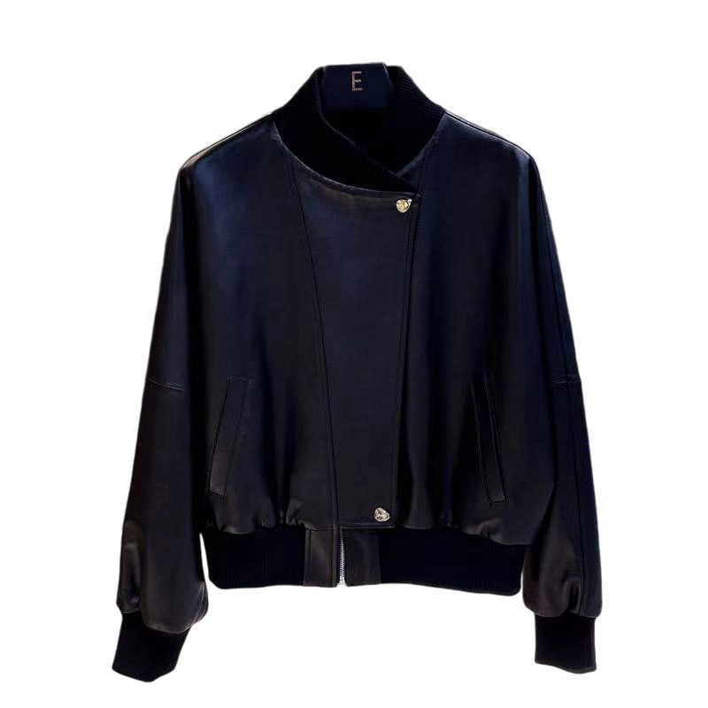 Fashionable black pilot jacket top ribbed stand up collar PU leather jacket men's leather jacket