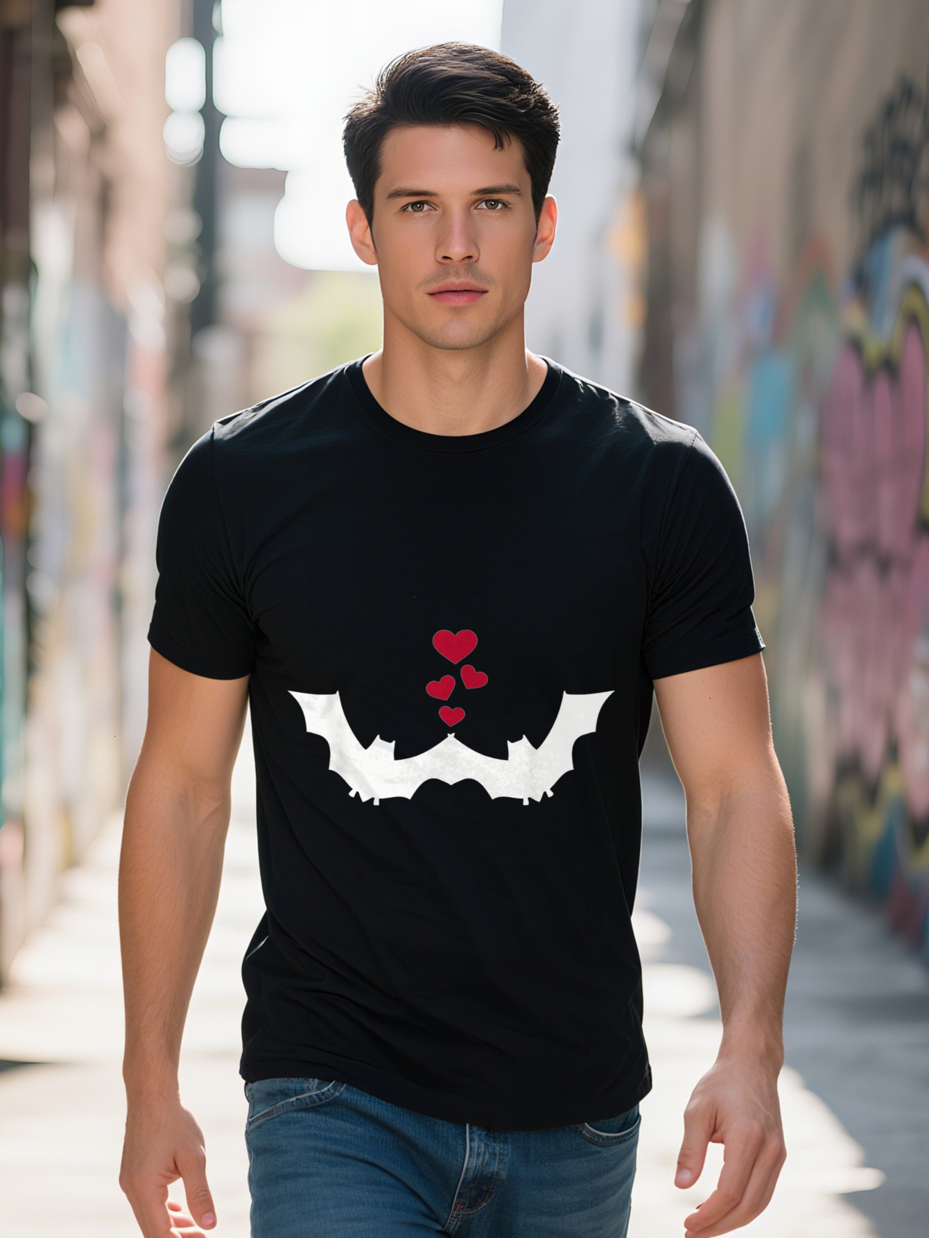 Bat Love Graphic T Shirt Cotton Casual Crew Neck Tee Regular Fit Short Sleeve All Season Knit Fabric Top with 38ac6