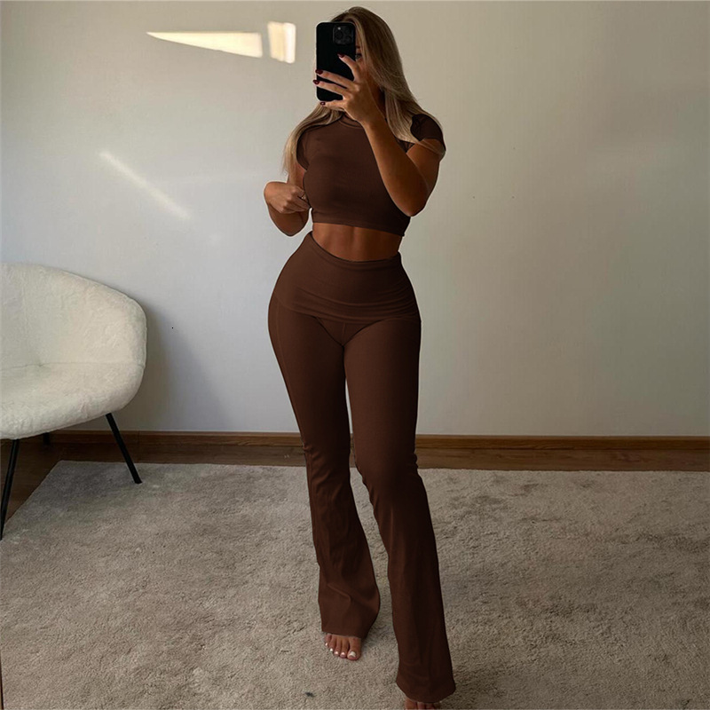 Summer New Simple Comfortable Solid Color Slim WaistExposing Short Sleeve TShirt High Waist Long Pants TwoPiece Set for Women 240808