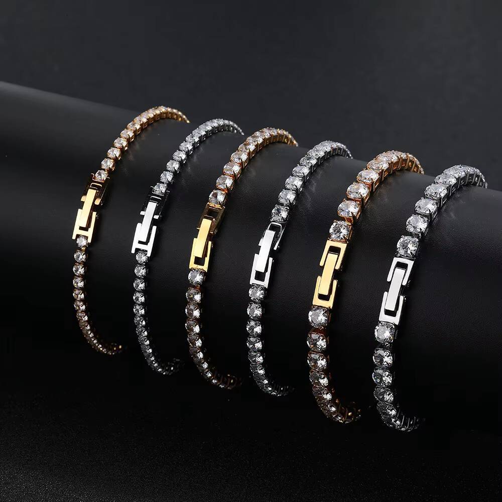 Fashion Shiny Cubic Zirconia Tennis Chain Wrist Bracelet Bangle for Women Men Gold Plated Stainless Steel Fine Jewelry