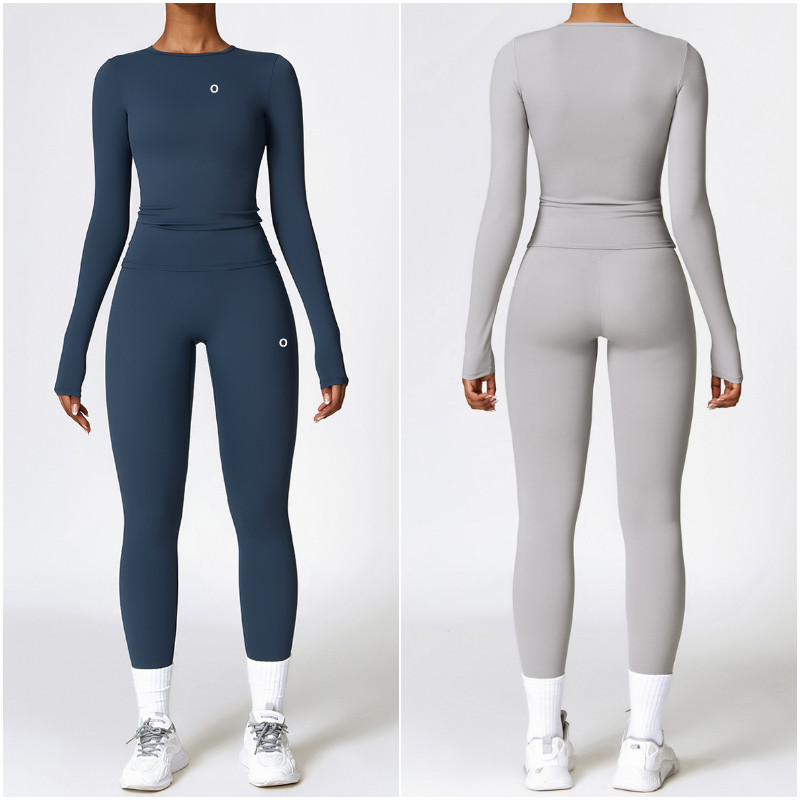 8519 Women Yoga Outfit 2 PCS Long Pants Long Sleeve Shirts Excerise Close-fitting Trousers Tops Sport Gym Suits Running Trainer Casual Elastic High Waist Sportwear