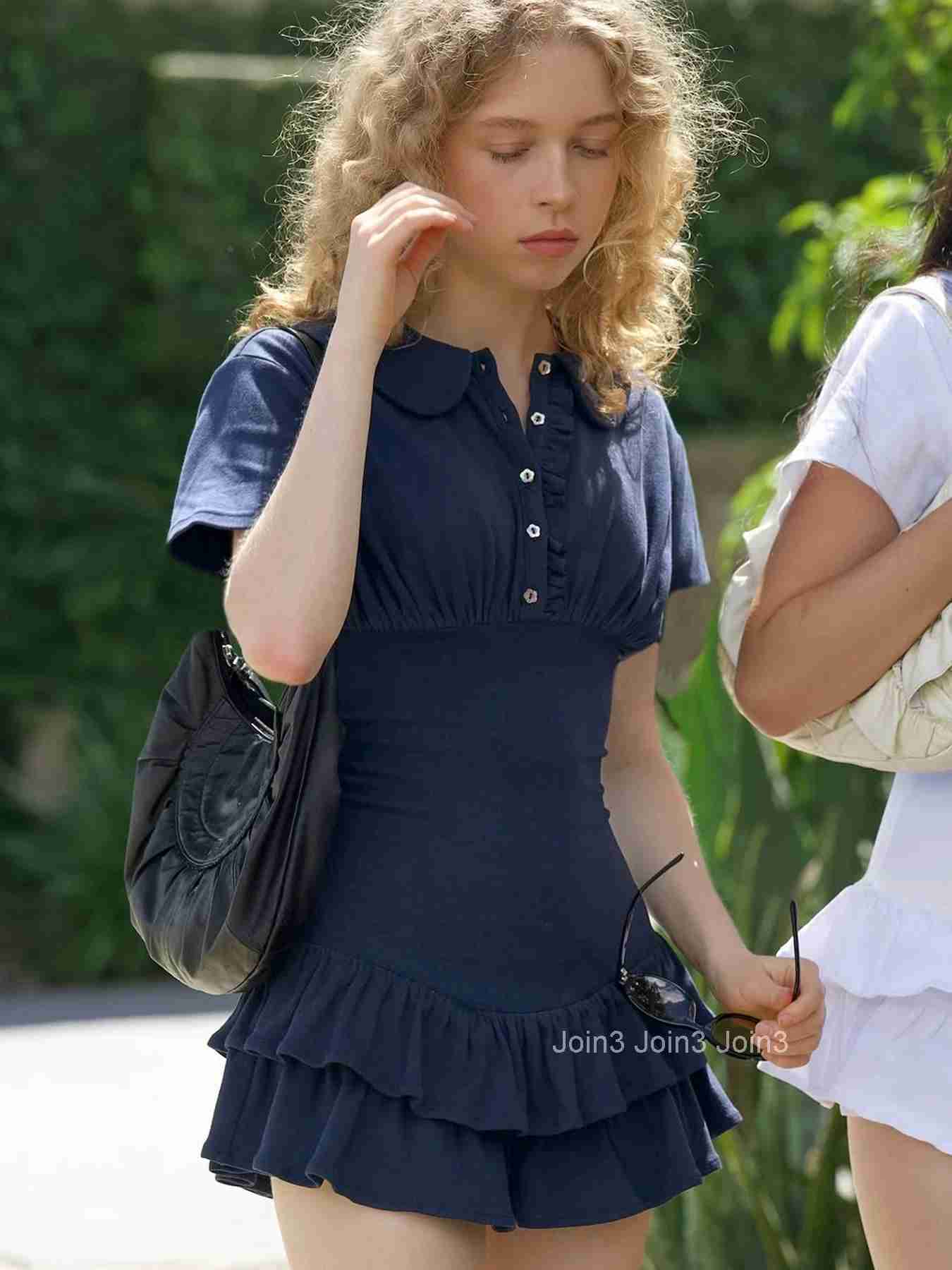 Basic Solid Ruffles A-Line Dress Slim Turn-Down Collar Short Sleeve Mini Dresses For Women Summer Fashion Streetwear