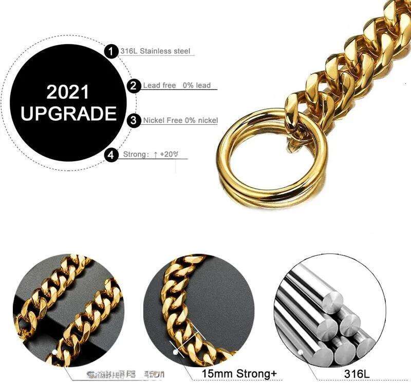 Dog Cuban Link Stainless Steel Metal Links 15MM Heavy Duty Walking Training Chain Collar for Small Medium Large Dogs(26 ) Gold Free shipping