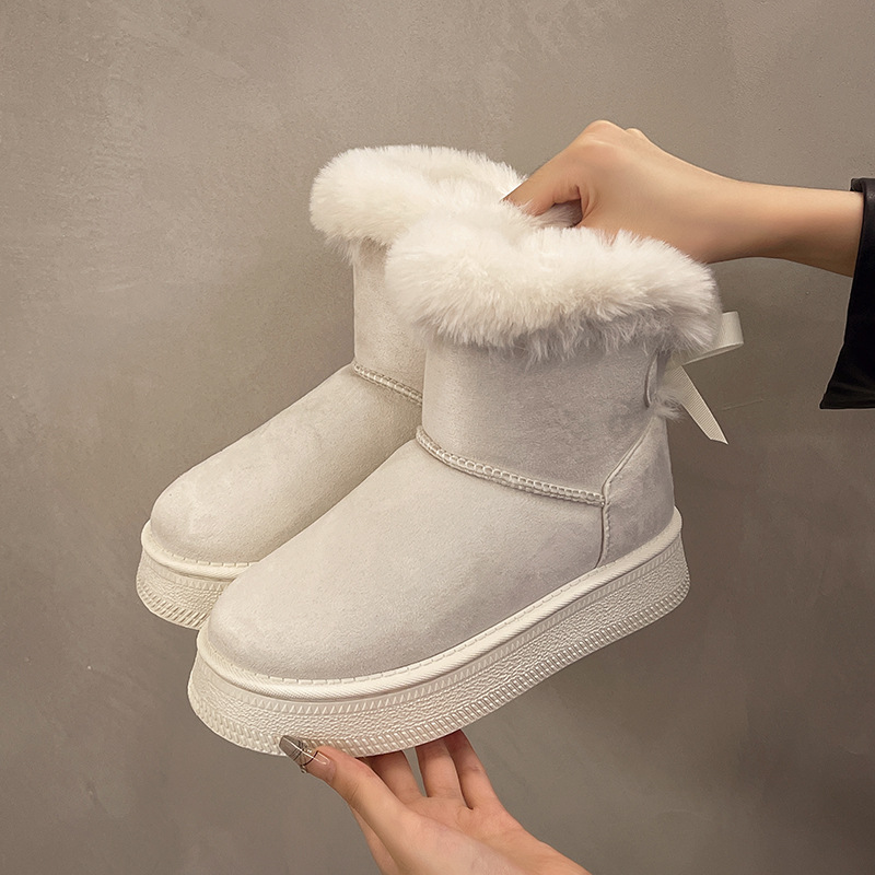 Fleece - Lined and Thickened Snow Boots with Slip - On Design new Winter Style Thick Sole Furry Opening Bow - Knot Warm Large - Size Cotton Shoes